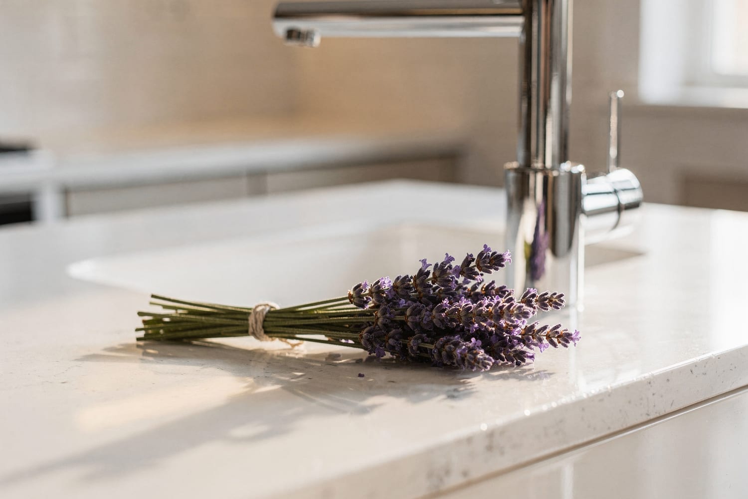 Fresh lavender on a polished kitchen counter after a clean