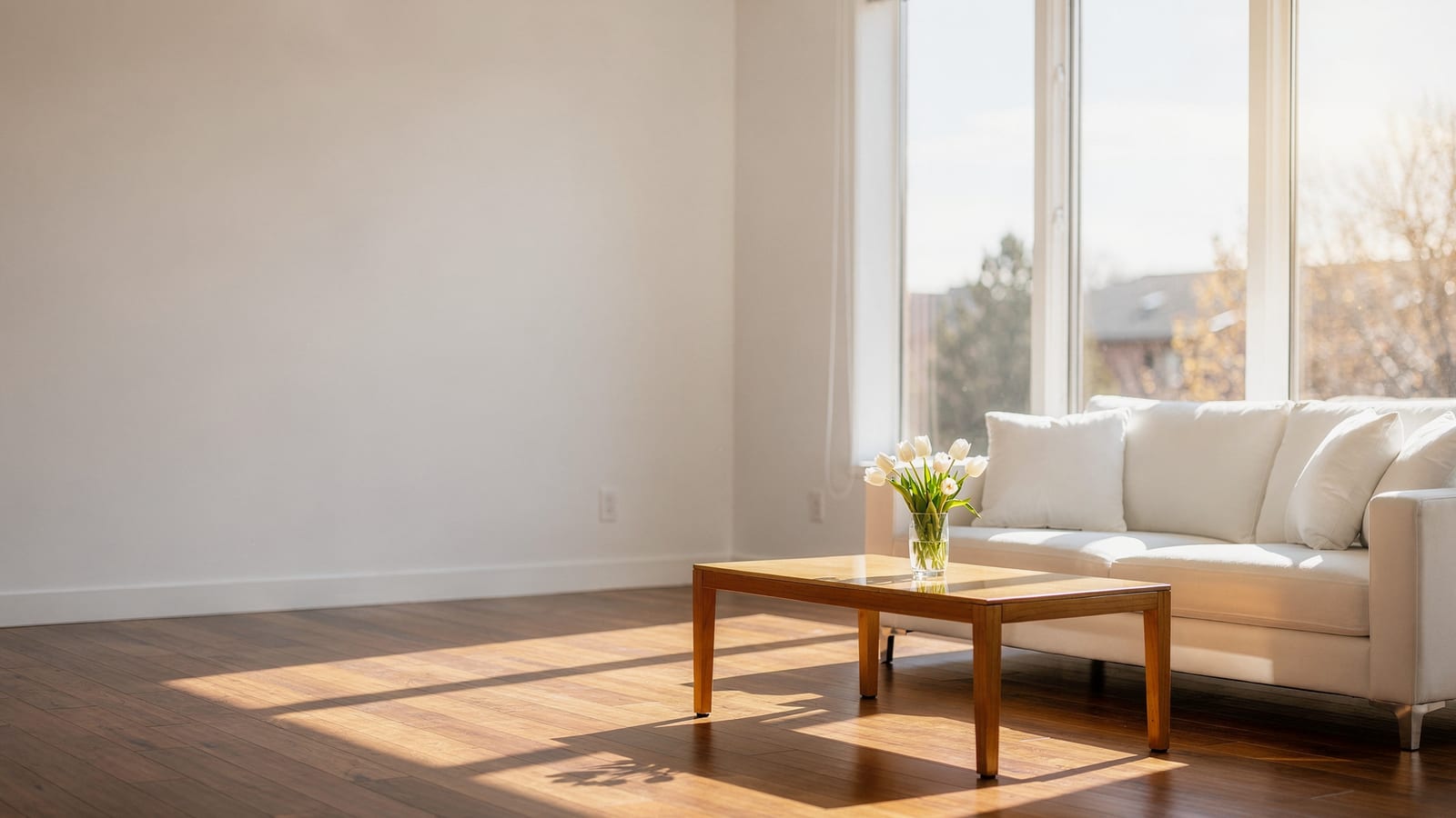 A bright, sunlit Front Range living room with gleaming hardwood floors after a professional clean